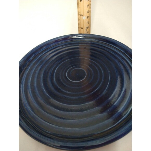 Handmade Signed Art Pottery Plate Dish Blue Swirl Rings Round Plant Drainage - Picture 4 of 8